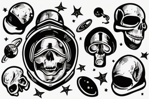 astronaut with a skull in its helmet floating across the space tattoo idea