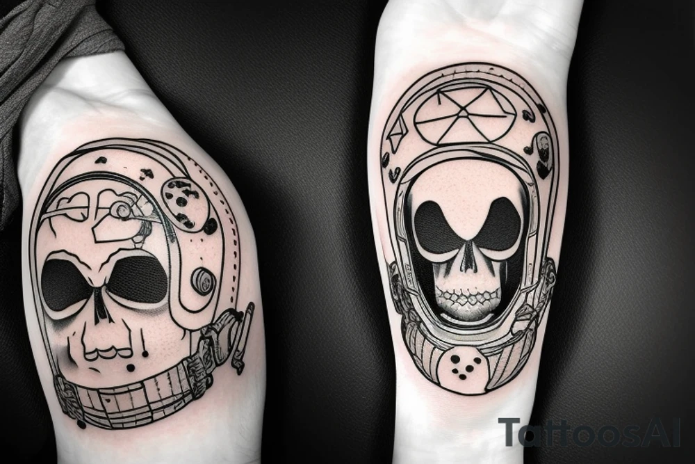 astronaut with a skull in its helmet floating across the space tattoo idea