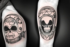 astronaut with a skull in its helmet floating across the space tattoo idea