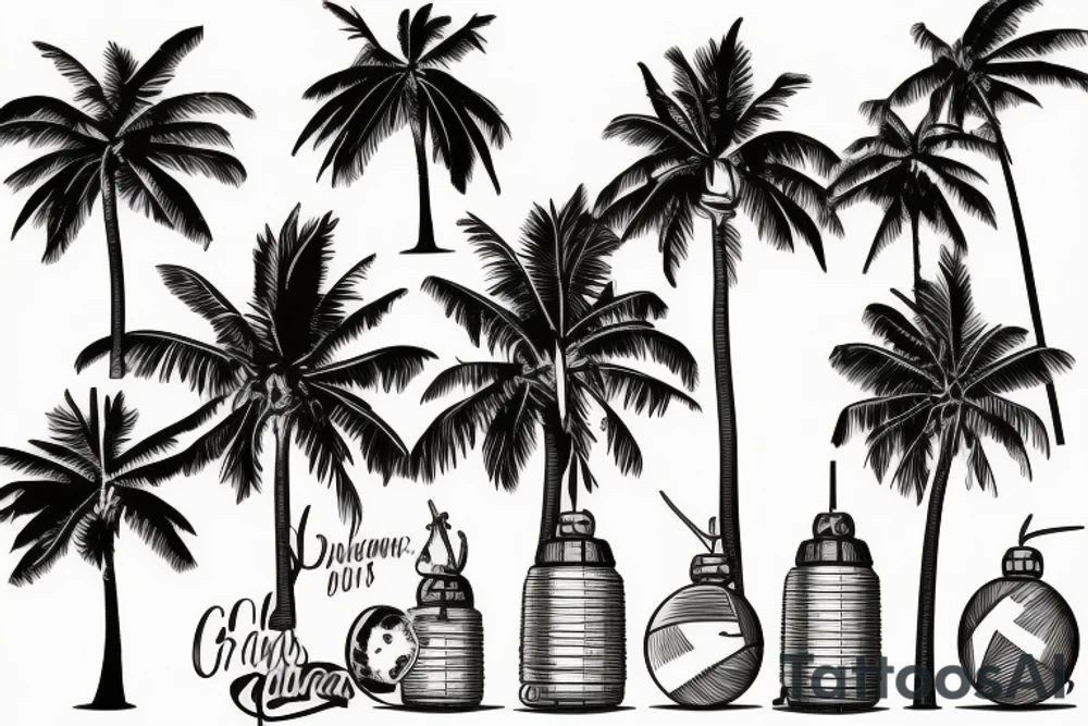 Tall palm trees on a beach with grenades instead of coconuts tattoo idea