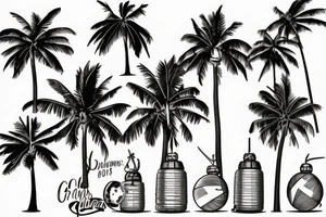 Tall palm trees on a beach with grenades instead of coconuts tattoo idea