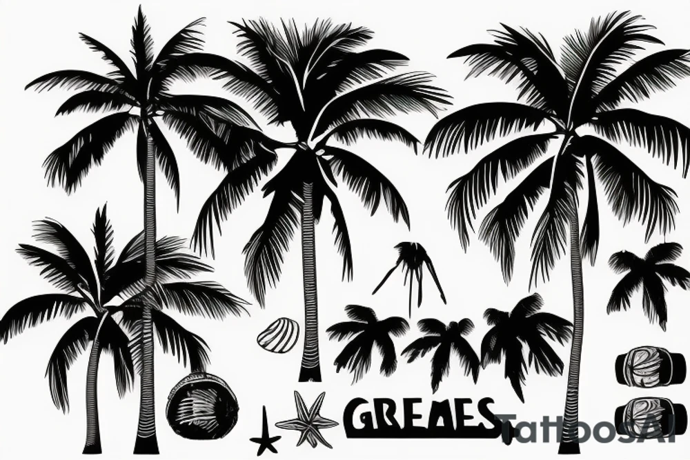 Tall palm trees on a beach with grenades instead of coconuts tattoo idea