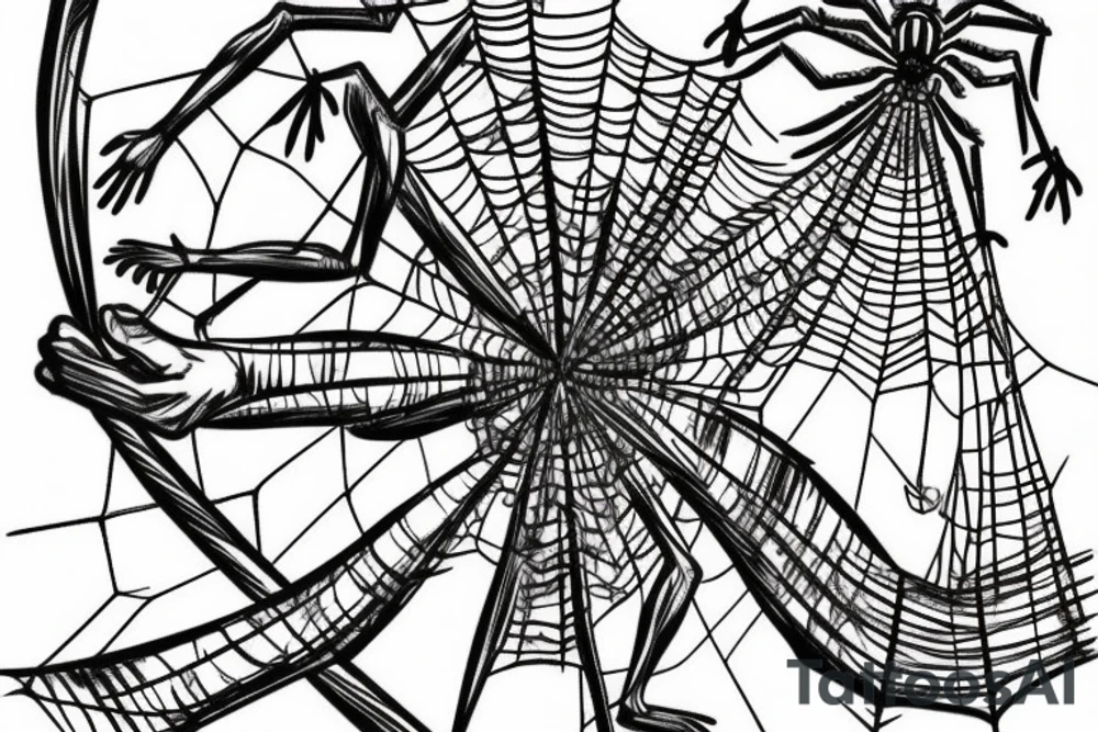 A spider has caught a man in a web woven on a tree and is preparing to eat him. The man is in panic. tattoo idea