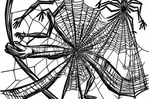 A spider has caught a man in a web woven on a tree and is preparing to eat him. The man is in panic. tattoo idea