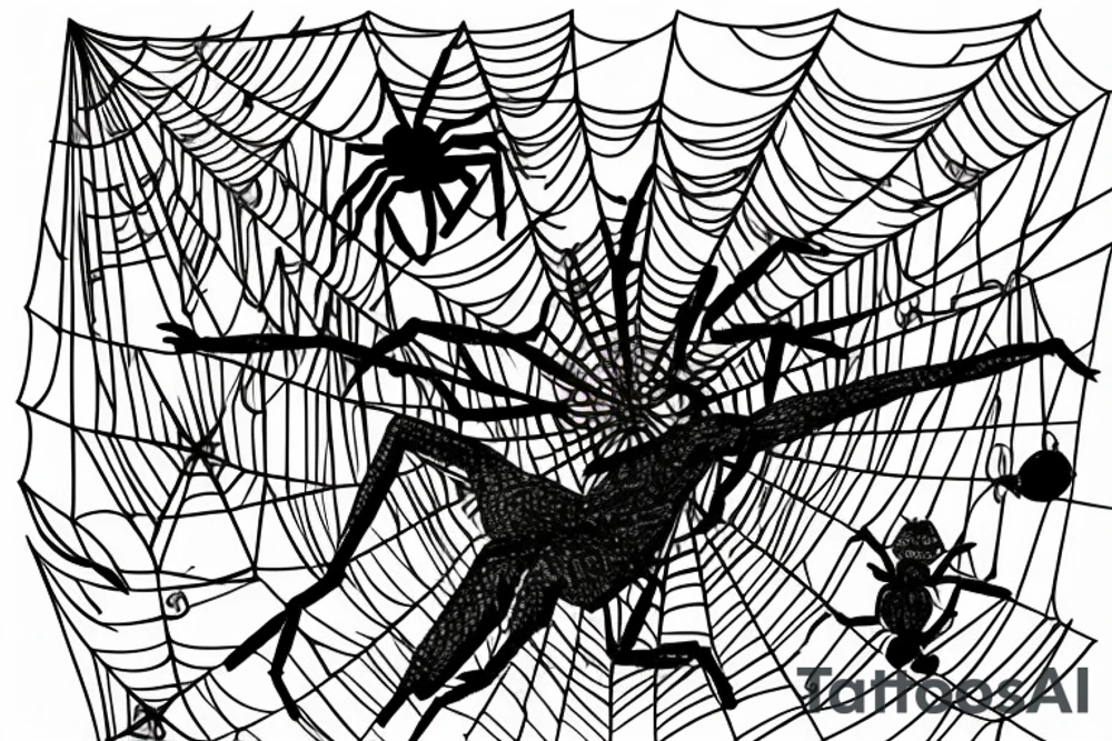 A spider has caught a man in a web woven on a tree and is preparing to eat him. The man is in panic. tattoo idea
