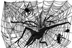 A spider has caught a man in a web woven on a tree and is preparing to eat him. The man is in panic. tattoo idea