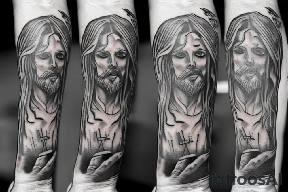 Funny Jesus tattoo with a skeleton tattoo idea