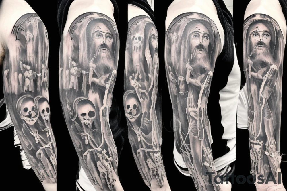 Funny Jesus tattoo with a skeleton choking another skeleton tattoo idea