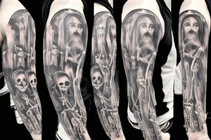 Funny Jesus tattoo with a skeleton choking another skeleton tattoo idea
