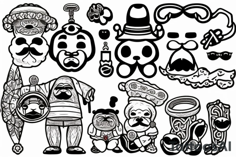 angry fluffy teddy bear with a moustache sitting on a stool wearing a fez holding turkish prayer beads in his hand tattoo idea