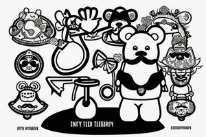 angry fluffy teddy bear with a moustache sitting on a stool wearing a fez holding turkish prayer beads in his hand tattoo idea