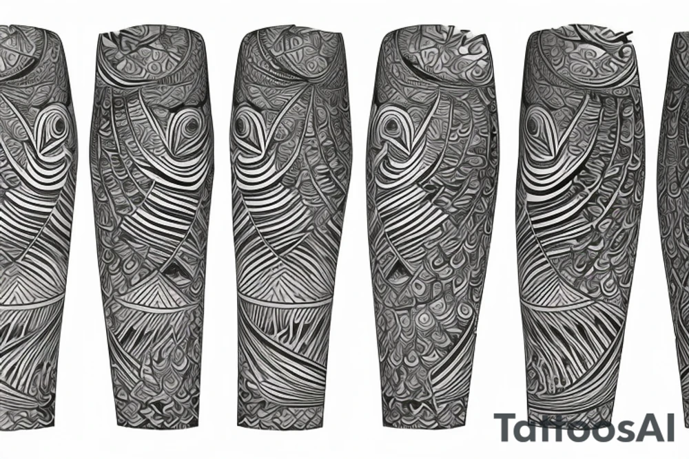 a sleeve tattoo incorporating waves, a bird, turkish fez, and geometric patterns tattoo idea