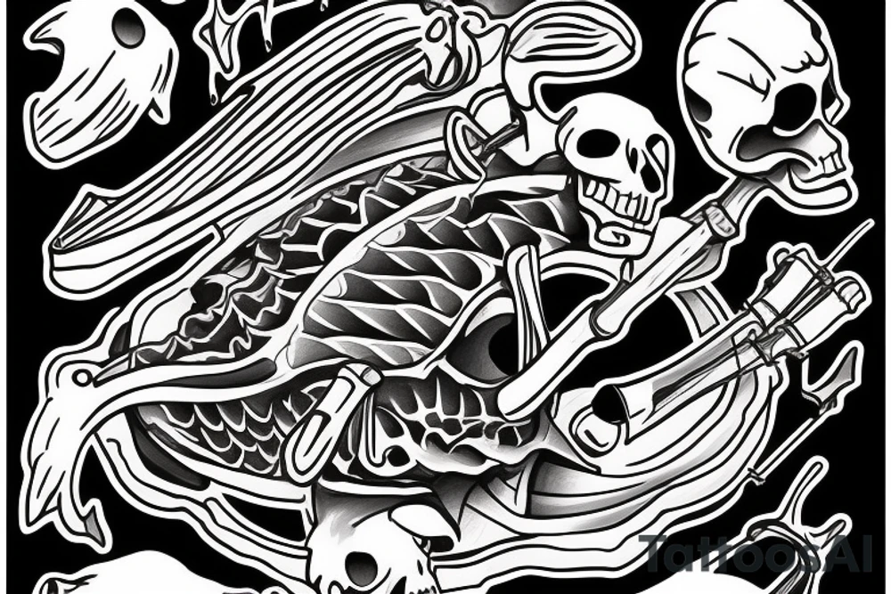 Skeleton fishing with a fishing rod tattoo idea