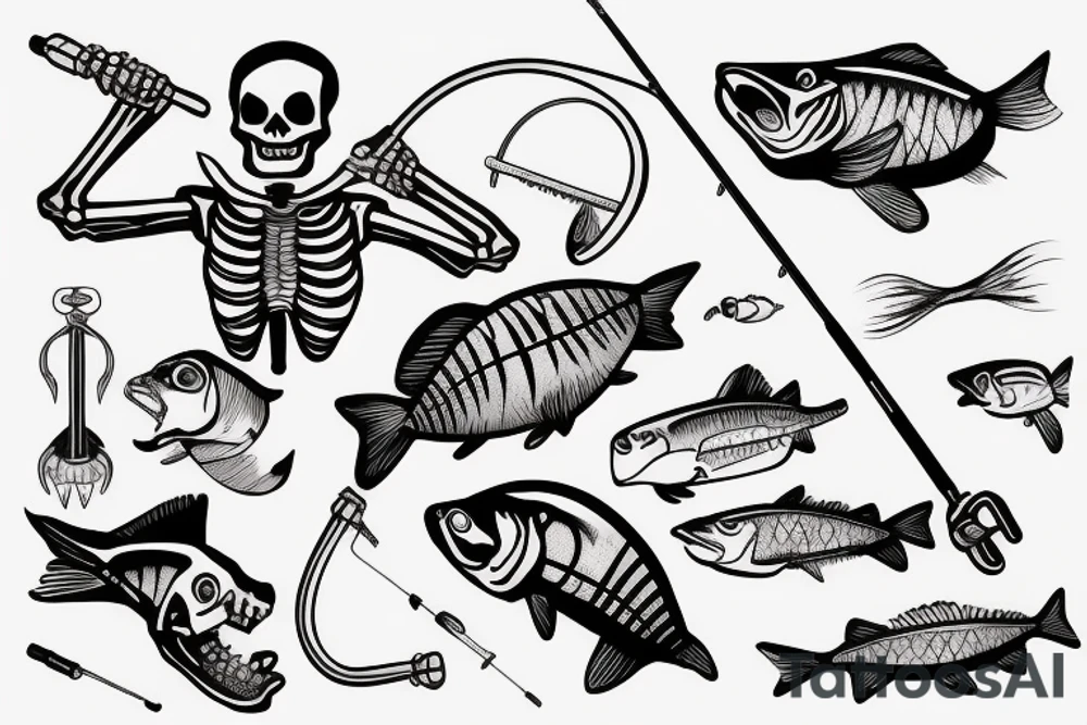 Skeleton fishing with a fishing rod tattoo idea
