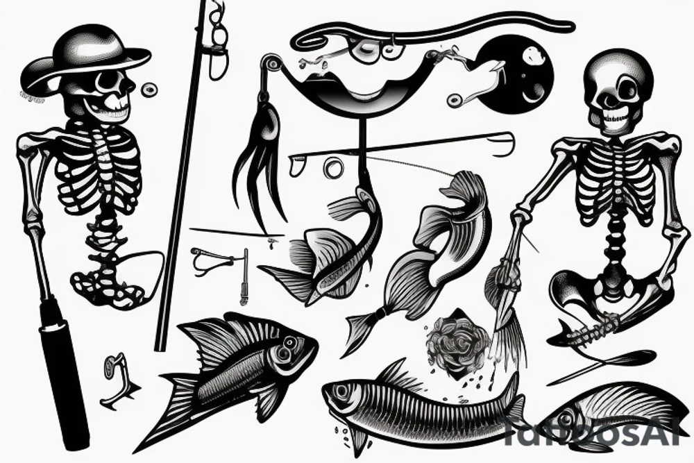 Skeleton fishing with a fishing rod tattoo idea