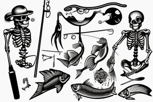 Skeleton fishing with a fishing rod tattoo idea