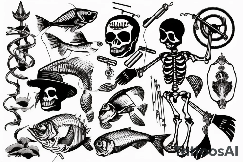 Skeleton fishing with a fishing rod tattoo idea