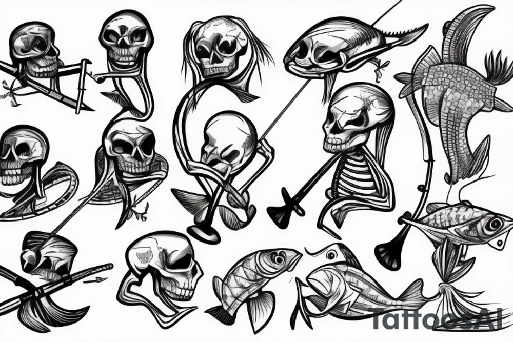 Skeleton fishing with a fishing rod tattoo idea