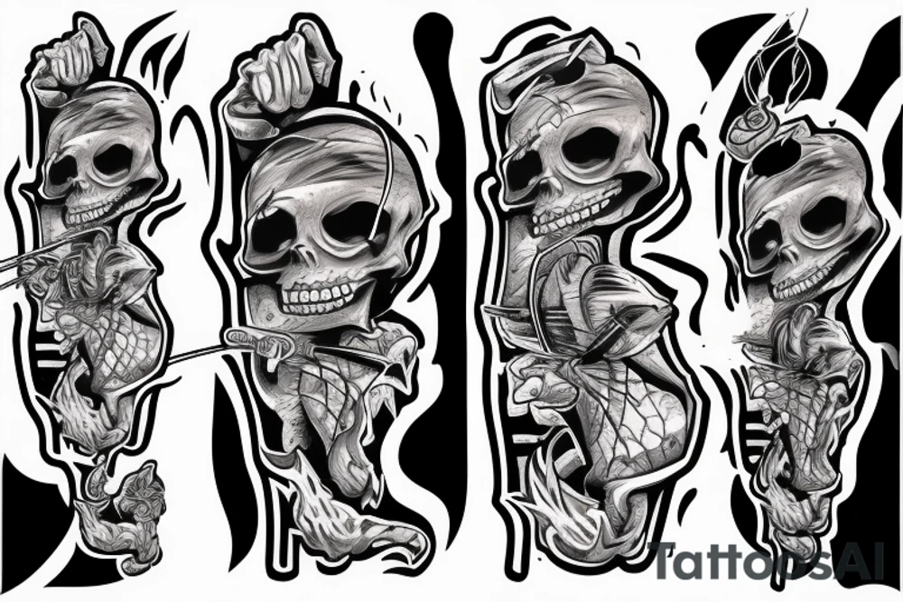 Skeleton fishing with a fishing rod tattoo idea