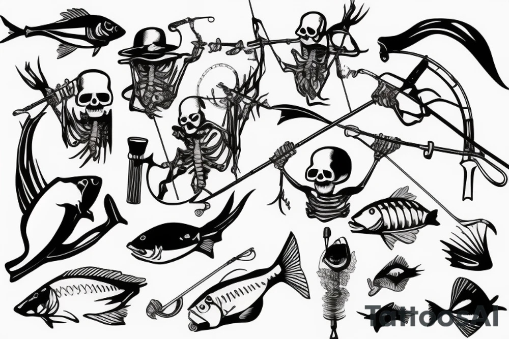 Skeleton fishing with a fishing rod tattoo idea