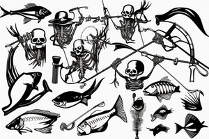Skeleton fishing with a fishing rod tattoo idea