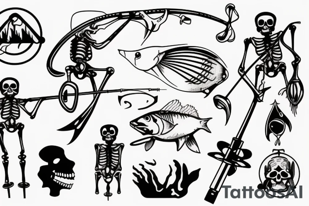 Skeleton fishing with a fishing rod tattoo idea