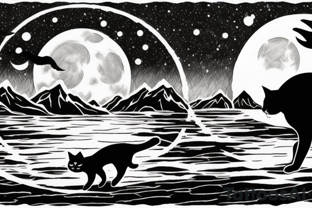 Black cat walking across a lake towards a mountain and a setting moon in The distance tattoo idea