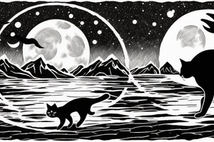 Black cat walking across a lake towards a mountain and a setting moon in The distance tattoo idea