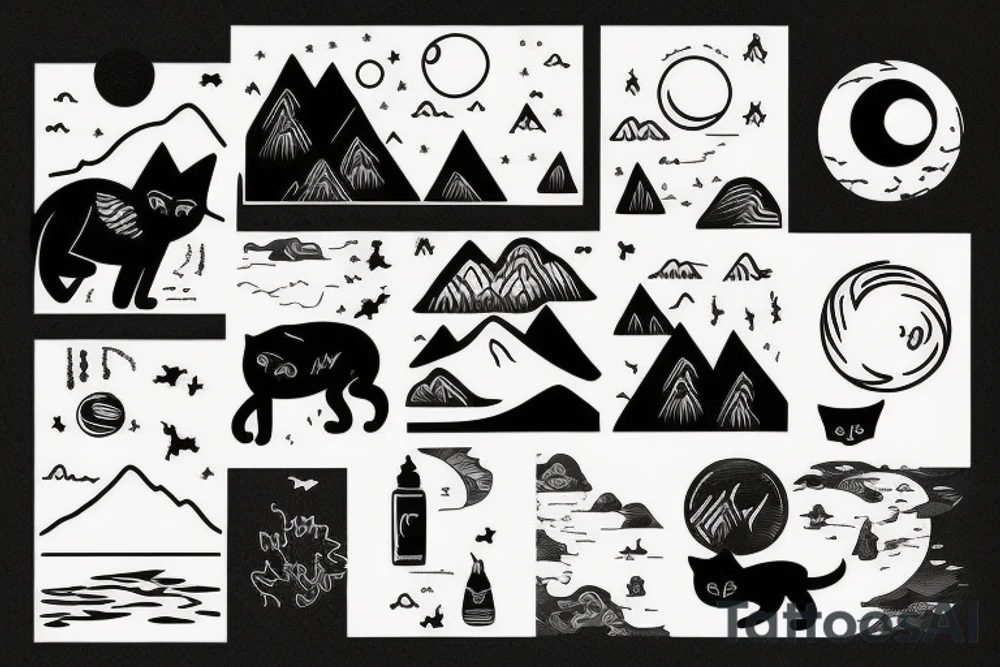 Black cat walking across a lake towards a mountain and a setting moon in The distance tattoo idea