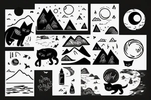 Black cat walking across a lake towards a mountain and a setting moon in The distance tattoo idea
