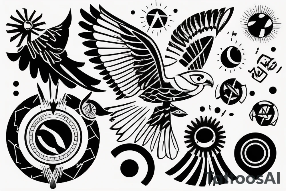 Falcon soaring in the sky against the background of the sun tattoo idea