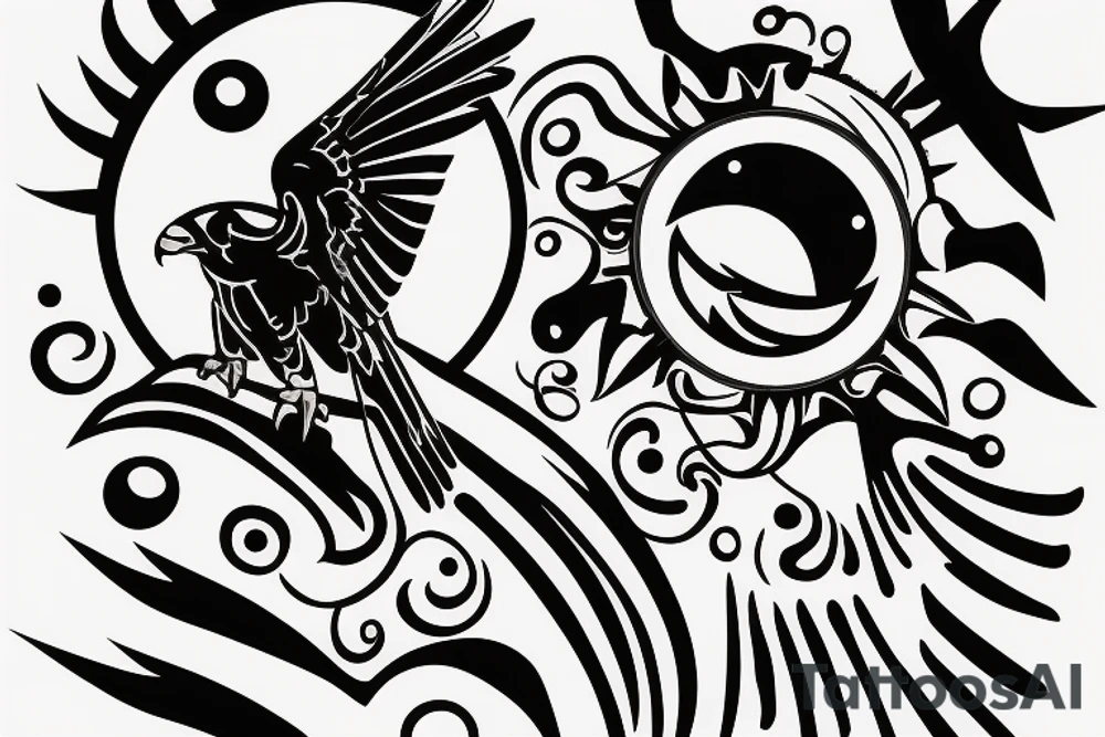Falcon soaring in the sky against the background of the sun tattoo idea