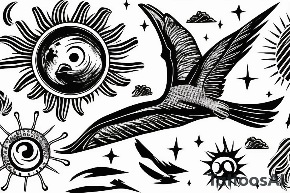 Falcon soaring in the sky against the background of the sun tattoo idea
