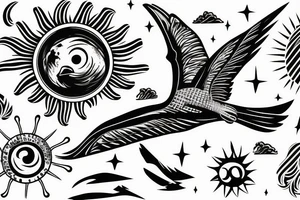 Falcon soaring in the sky against the background of the sun tattoo idea