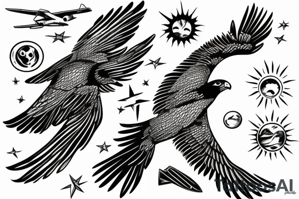 Falcon soaring in the sky against the background of the sun tattoo idea