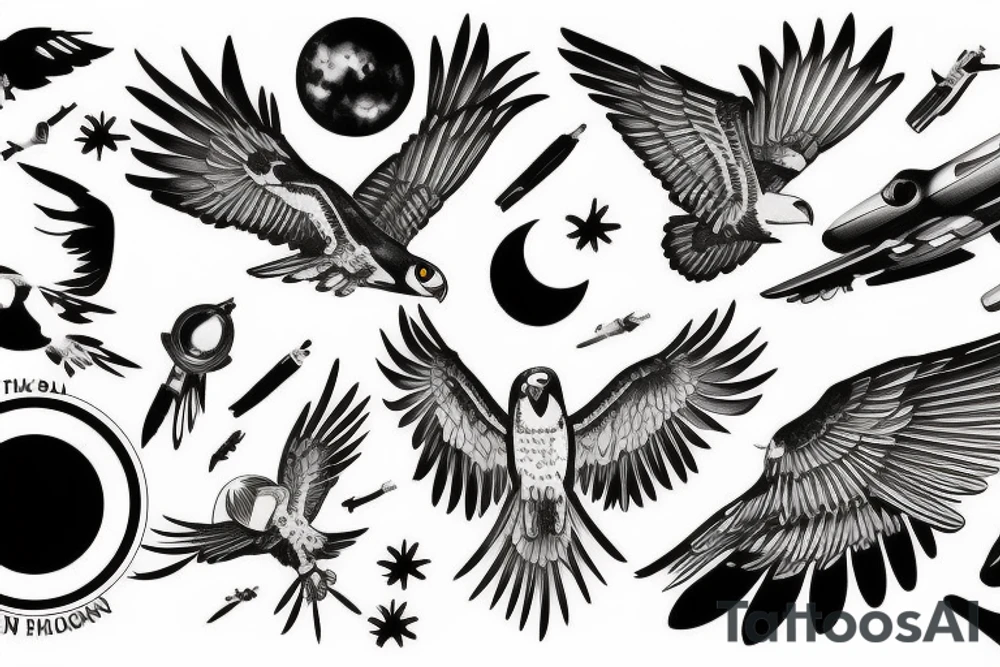 Falcon soaring in the sky against the background of the sun tattoo idea