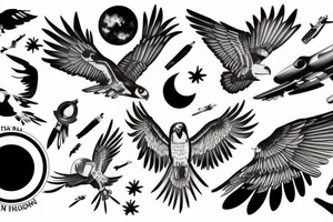 Falcon soaring in the sky against the background of the sun tattoo idea