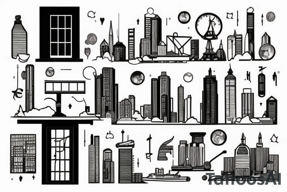 Black window, short and wide with view of the city outside tattoo idea