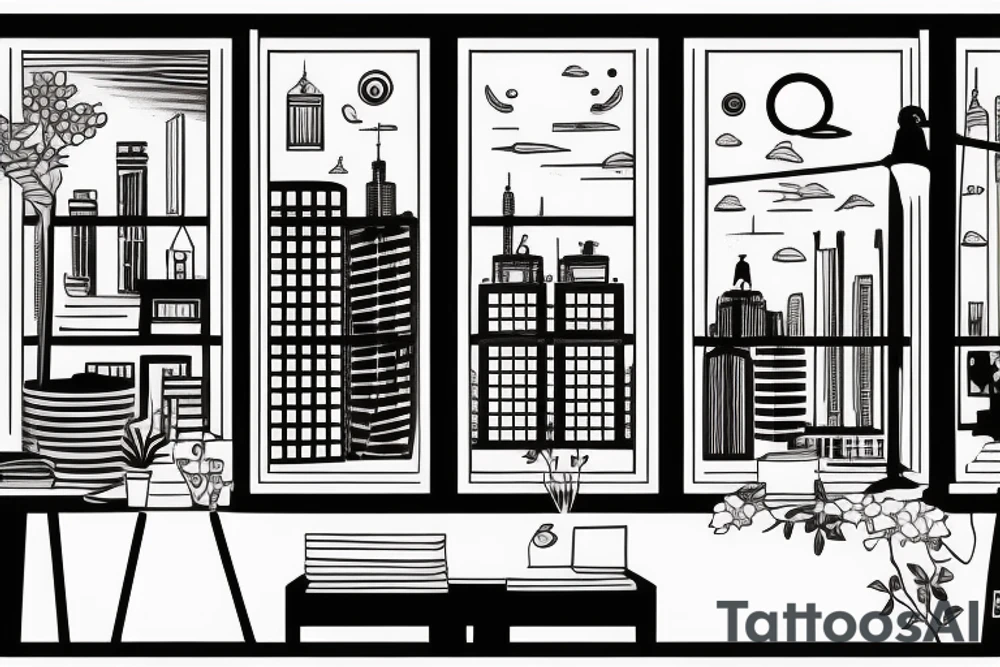 Black window, short and wide with view of the city outside tattoo idea