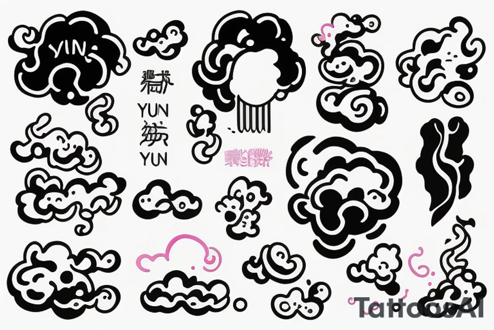 With the name of Yun, with cloud, with simple line, colorful tattoo idea