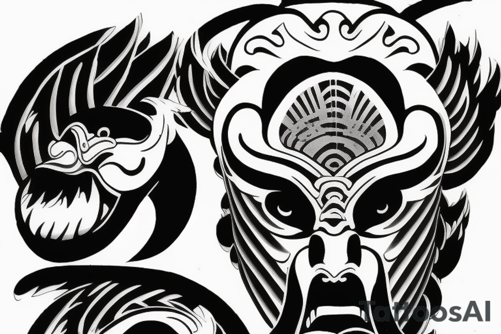 Tengu bo mask in the old style of Japan in black and white tattoo idea