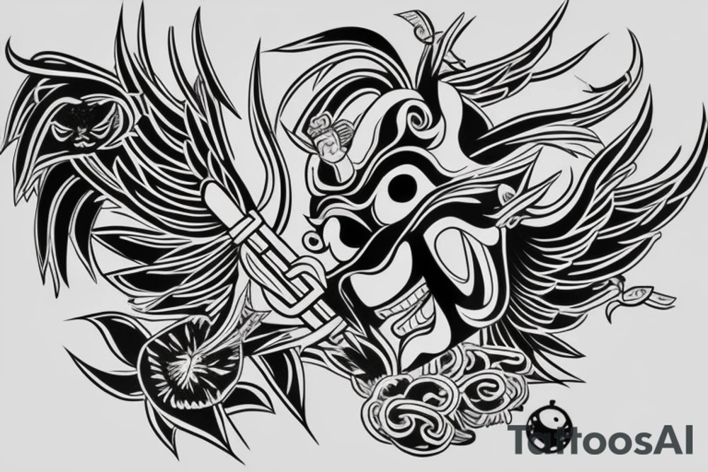 Tengu bo mask in the old style of Japan in black and white tattoo idea