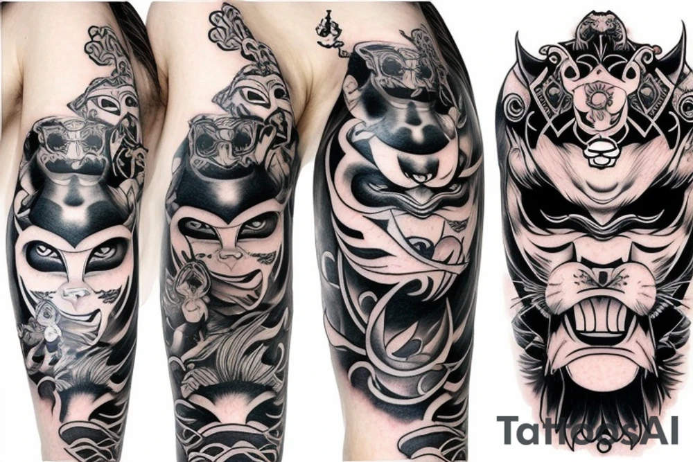 Sleeve, monkey on top, demon in mask, women in cat demon mask tattoo idea