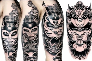 Sleeve, monkey on top, demon in mask, women in cat demon mask tattoo idea