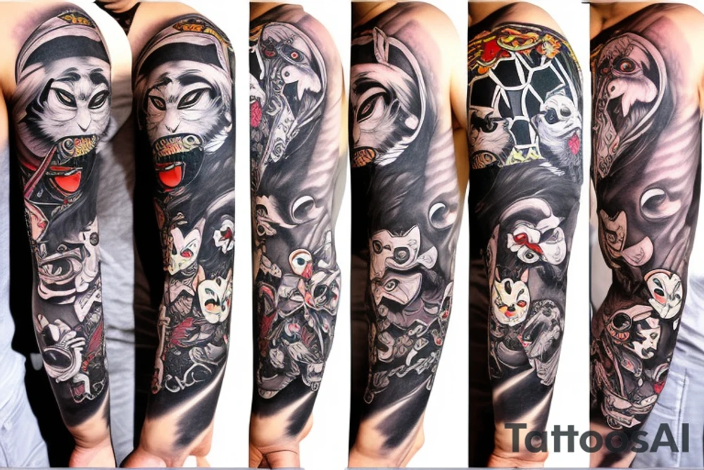 Sleeve, monkey on top, demon in mask, women in cat demon mask tattoo idea
