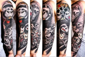 Sleeve, monkey on top, demon in mask, women in cat demon mask tattoo idea