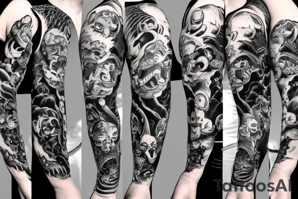 Sleeve, monkey on top, demon in mask, women in cat demon mask laughing with gun in hands tattoo idea