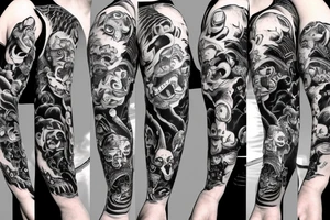 Sleeve, monkey on top, demon in mask, women in cat demon mask laughing with gun in hands tattoo idea