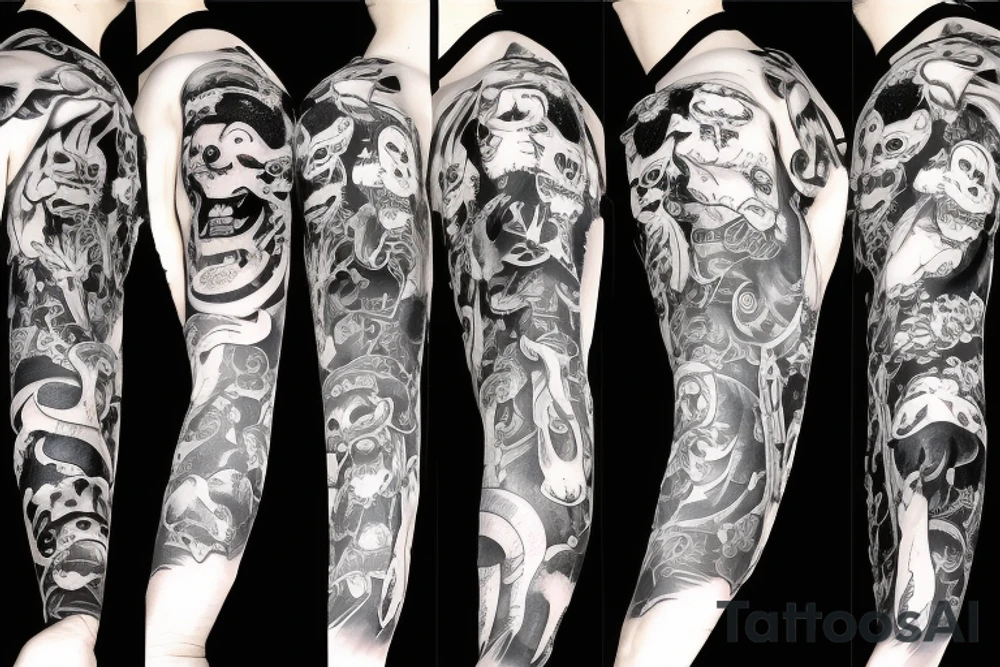 Sleeve, monkey on top, demon in mask, women in cat demon mask laughing with gun in hands tattoo idea