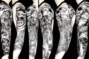 Sleeve, monkey on top, demon in mask, women in cat demon mask laughing with gun in hands tattoo idea